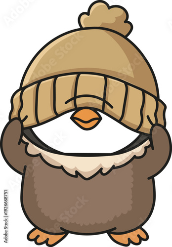 Tiny fluffy Pesto penguin chick hiding in big brown winter knit hat, cute kawaii character, winter cozy warmth concept, cartoon bird vector illustration isolated on white background clipart.