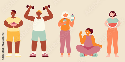 Diverse group exercising and enjoying healthy food in a minimalist style