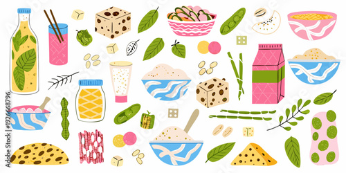 Colorful illustration of various asian inspired food items and ingredients