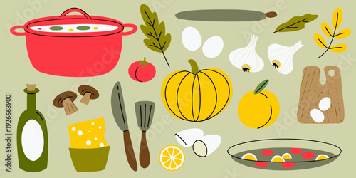 Colorful illustration depicting various ingredients and cooking utensils