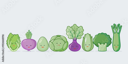Smiling vegetables arranged in a row with cute cartoonish faces