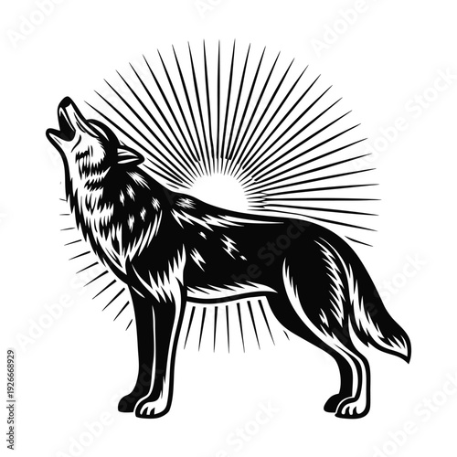 Black and white wolf icon vector with sunburst