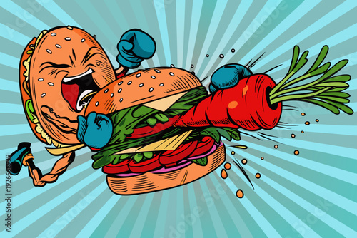 Anthropomorphic hamburger fiercely punches a carrot in a comical battle