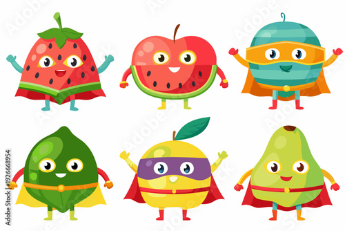 Cartoon fruits as superheroes with smiling faces and colorful outfits