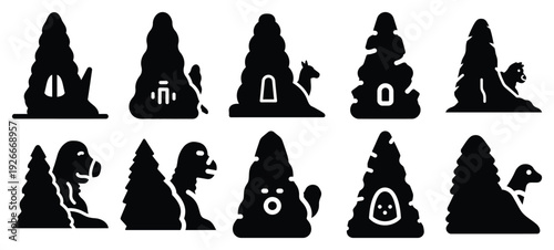 silhouette nature sequoia giant drawing icons and set of graphics nature elements