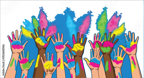 Diverse hands raised in celebration covered in vibrant colored powder