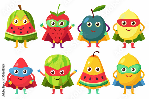 Cartoon fruits dressed as superheroes with capes and smiling faces