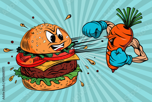 A cartoon hamburger gets punched by a muscular carrot in a comical fight