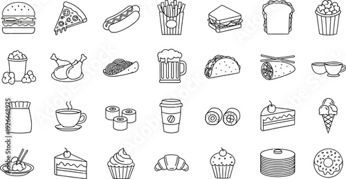 Numerous thin black outline icons represent different categories of popular prepared food, snacks, and beverages arranged in rows.
