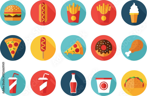 Fifteen circular badges feature colorful flat design icons representing popular unhealthy snacks and beverages against solid colors.