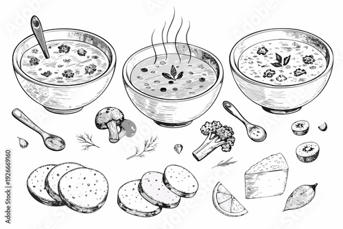 Sketch of three bowls of soup with accompanying ingredients and garnishes