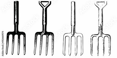 Vintage illustration of gardening tools forks and cultivators
