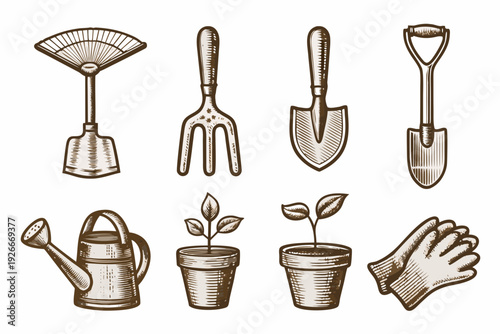 Vintage gardening tools and plants in a sketched illustration