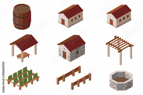 Isometric village elements including buildings a barrel and garden features