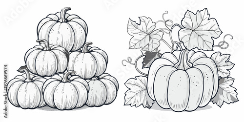 A grayscale illustration of stacked pumpkins and autumnal foliage