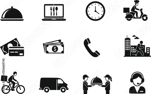 A grid of minimal black icons depicts essential elements of food service operations, including delivery, timing, and customer.