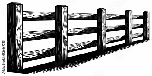 Black and white illustration of a wooden post and rail fence