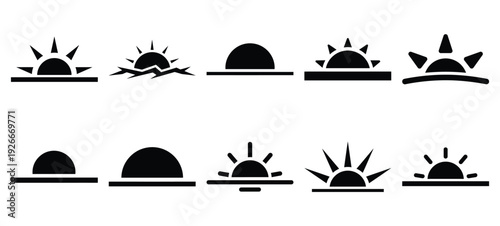 silhouette nature sunrise horizon drawing icons and set of graphics nature elements