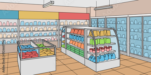 Grocery store shop interior color graphic sketch illustration vector 
