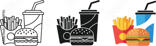 Three distinct graphic styles represent a classic combo meal of a cheeseburger, french fries in a carton, and a tall fountain drink.