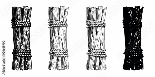 Four bundles of sticks tied with twine varying in darkness