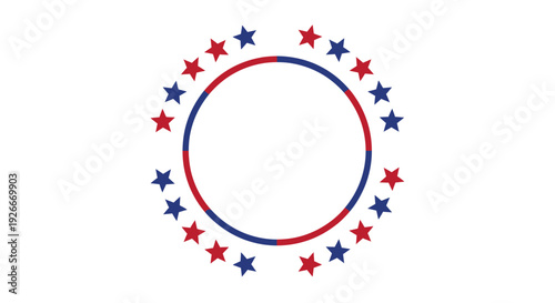 Circular emblem with red and blue stars and a central copy