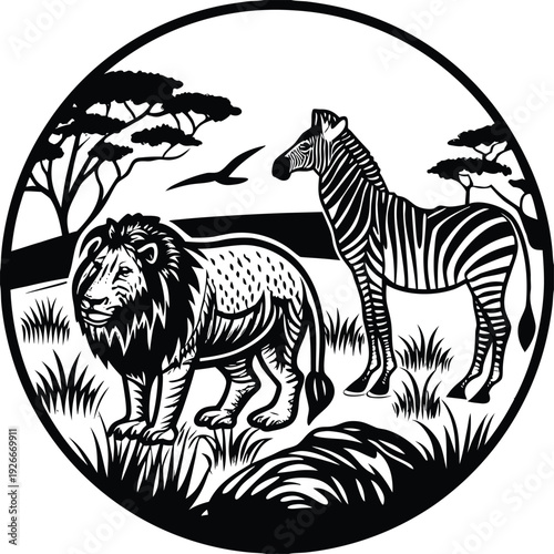 Black and white vector illustration of lion and zebra in savannah