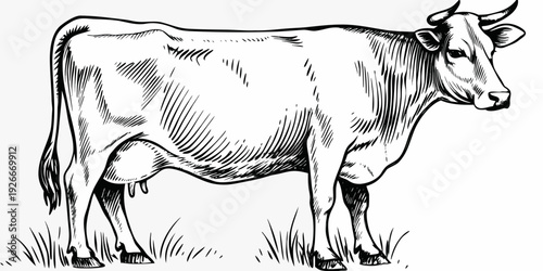 Detailed sketch of a cow standing in a grassy field