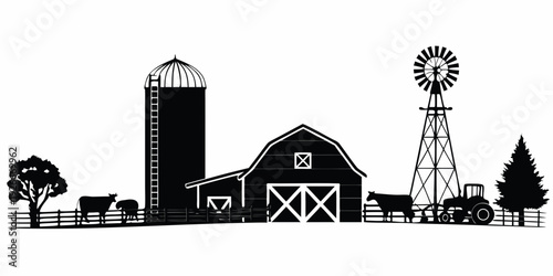 Black and white illustration depicts a classic rural farm scene