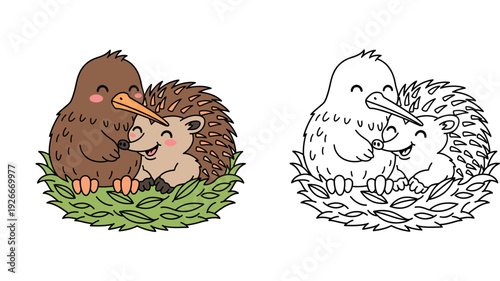 Cute cartoon kiwi bird and hedgehog friends hugging in a green nest, happy animal friendship vector illustration, kawaii character design for kids, best buddies cuddling together