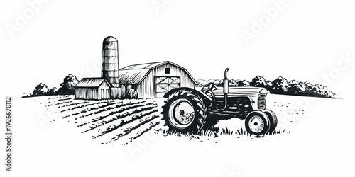 Vintage farm scene featuring a tractor barn and silo in black and white