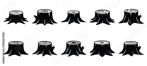 silhouette nature tree stump drawing icons and set of graphics nature elements