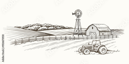 A vintage farm scene featuring a barn windmill tractor and rolling hills