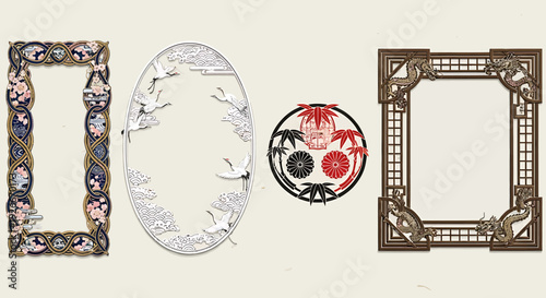 Ornate decorative frames with traditional Japanese motifs and intricate designs, featuring cranes and floral patterns