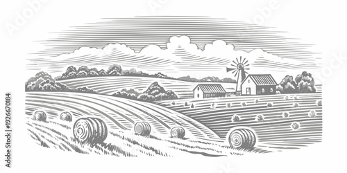 Vintage engraving of a rural landscape with fields farmhouse and windmill