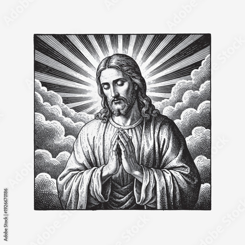 Jesus Christ praying portrait laser engraving design, vintage woodcut vector illustration, detailed hand drawn ink line art sacred figure with radiant rays and clouds for CNC engraving
