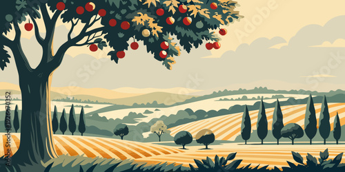 A stylized illustration of an apple tree overlooking rolling hills and fields