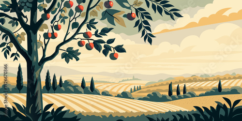 A vintage style illustration of an apple tree overlooking a rolling landscape