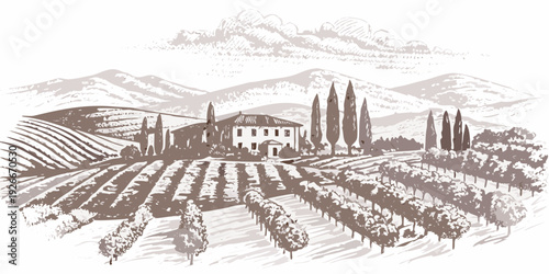A picturesque vineyard landscape with a stately villa and rolling hills