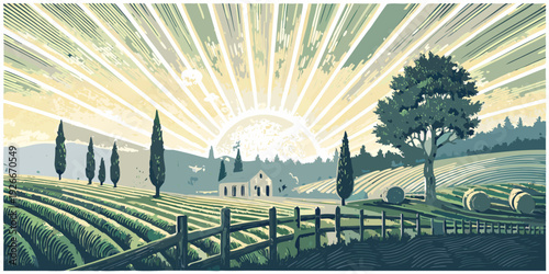 A serene landscape with a radiant sunrise over rolling fields and trees