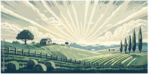 Pastoral landscape with a small house rolling hills and a radiant sunburst
