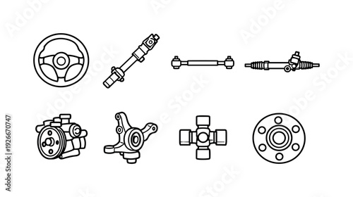 Car steering system parts: steering wheel, steering column, tie rod, rack and pinion, power steering pump, steering knuckle, universal joint, wheel
