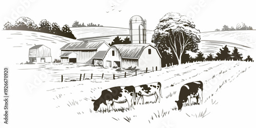 A peaceful rural landscape featuring a farm cows and rolling hills