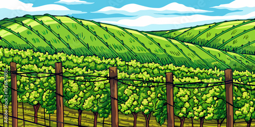 A vibrant illustration of rolling green hills and a vineyard landscape