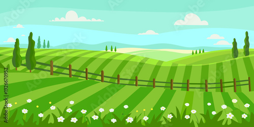 Serene rolling green hills and fields under a bright blue sky