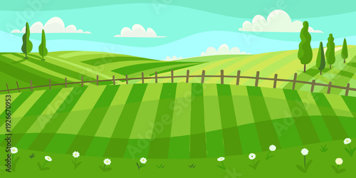 A vibrant cartoon landscape featuring rolling green hills and a wooden fence