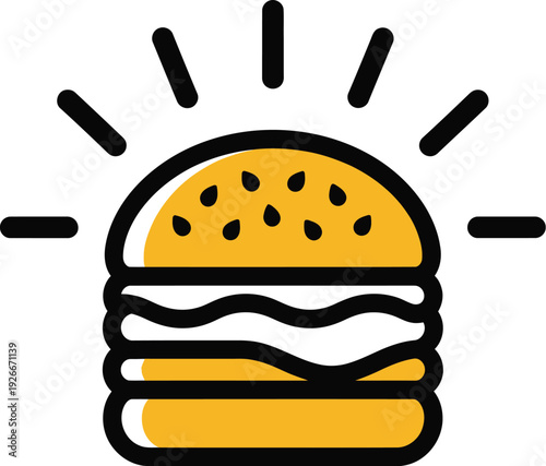 A brightly colored, stylized icon of a sesame seed hamburger radiates shining lines suggesting freshness or premium quality for.