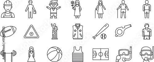  People professions and sports activity line icons set, worker, athlete, equipment, fitness, beach, baseball, snorkeling, lifestyle avatar vector collection