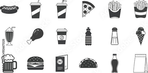 Various black and white icons representing popular fast food items like burgers, drinks, and fries are displayed in organized rows.