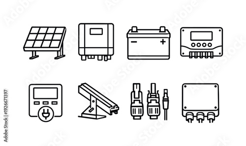 Solar power equipment: solar panel, inverter, battery pack, charge controller, power meter, mounting bracket, cable connector, junction box